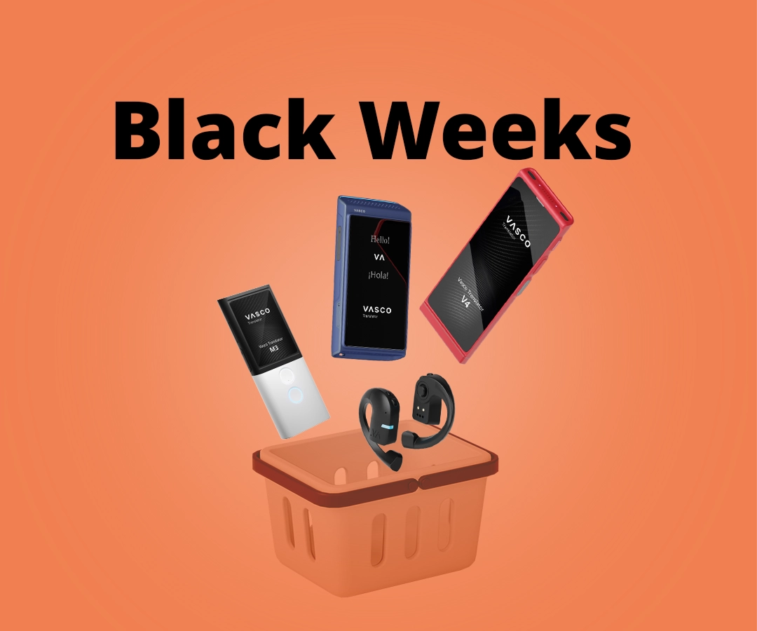 Vasco V4-, Q1-, M3- och E1-översättare faller ner i en kundvagn mot en orange bakgrund. I bakgrunden står “Black Week”.